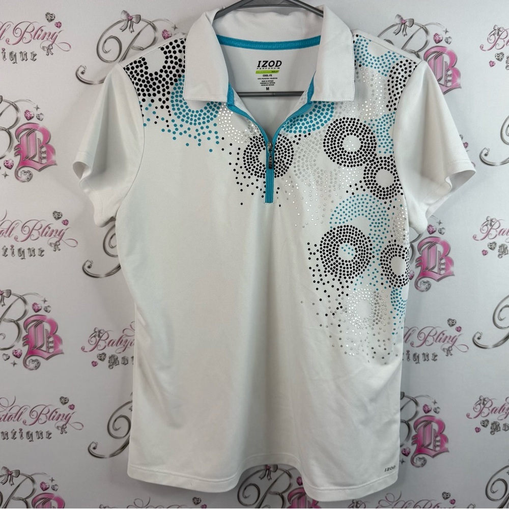 Izod cool fx t-shirt, half zip White Polo Shirt with Black and Blue Dot Design